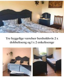 two pictures of a bedroom with a bed and a desk at Super Nice House In The Harbor Town Of Hvalpsund, in Farsø