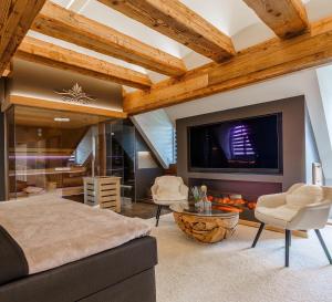 um quarto com uma cama e uma televisão na parede em Spa Villa Beauty & Wellness Resort em Wingerode