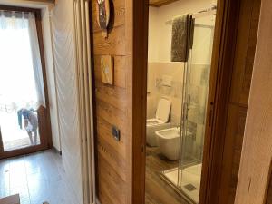 uma casa de banho com um WC e uma cabina de duche em vidro. em monolocale incantevole em Sordevolo