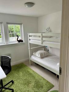 a bedroom with two bunk beds and a green rug at Modern Cottage Close To The Beach in Vejby