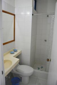 ein Bad mit einem WC, einem Waschbecken und einer Dusche in der Unterkunft El Camino Los Lanceros in Melgar
