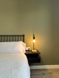 um quarto com uma cama e um candeeiro sobre uma mesa em Apartamentos Vernia Ontinyent em Ontinyent