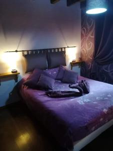 A l'Orée du Parc في Saint-Priest-des-Champs: سرير مع أغطية ووسائد أرجوانية في الغرفة