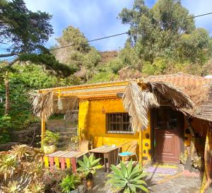 a yellow house with a thatched roof at Studio Mazo La Habitación in Lodero