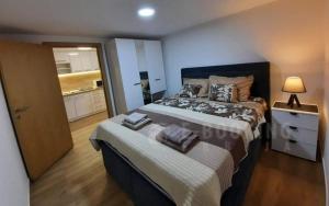 a bedroom with a large bed with a dresser and a lamp at Apartman Djukic Sokobanja 1 in Soko Banja