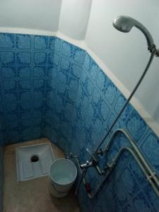 a blue tiled bathroom with a toilet and a shower at hotel appart inezgane agadir in Inezgane