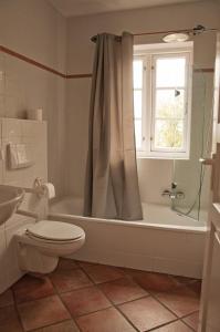 a bathroom with a toilet and a tub with a window at urlaubsART - Ostsee - Urlaub auf Guldehof in Stoltebüll