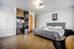 a bedroom with a bed and a desk in it at Willa Modra in Bukowina Tatrzańska