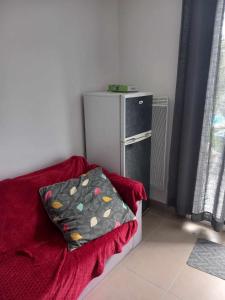 Zimmer mit einem kleinen Kühlschrank und einer roten Decke in der Unterkunft Un bouquet de Tangissart in Villepinte