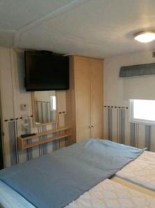 Schlafzimmer mit einem Bett und einem Flachbild-TV in der Unterkunft Meer-Brise in Burgh Haamstede