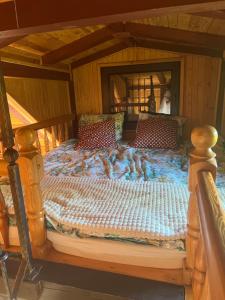 a large bed in a wooden room with a sqor at Leśny Zakątek in Chycina