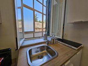 a sink in a kitchen with a large window at Sofia's Central Apartment Palermo in Palermo