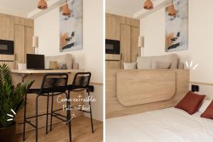 a bedroom and a living room with a bed and a desk at Líbere Bilbao Ledesma in Bilbao