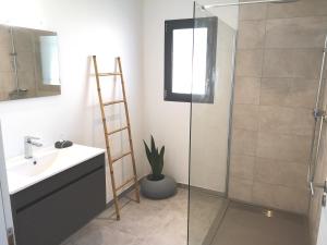 uma casa de banho com um lavatório e uma cabina de duche em vidro. em BELLA CORSICA em Ajaccio