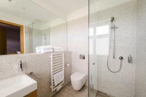 La salle de bains est pourvue d'une douche, de toilettes et d'un lavabo. dans l'établissement das Ox, à Münster