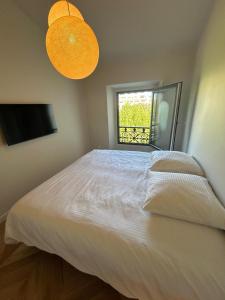 1 dormitorio con 1 cama blanca grande y ventana en Vue magnifique, en Niza