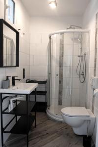 La salle de bains est pourvue d'une douche, de toilettes et d'un lavabo. dans l'établissement Industrie Loft 1902 - Gratis Parken - Zentral, à Wilhelmshaven