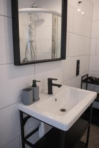 La salle de bains est pourvue d'un lavabo blanc et d'un miroir. dans l'établissement Industrie Loft 1902 - Gratis Parken - Zentral, à Wilhelmshaven