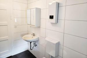 シュトルベルクにあるVoll-Ausgestattete Monteurunterkünfteの洗面台と鏡のある白いバスルーム +28枚の写真