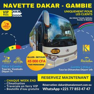 un folleto para un evento de autobús en Balafon Beach Resort, en Kololi