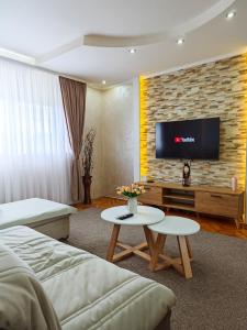 um quarto de hotel com uma televisão numa parede de tijolos em Apartman Julija em Donji Milanovac