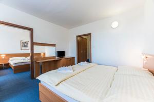 - une chambre avec un grand lit et un miroir dans l'établissement Hotel RYSY, à Tatranska Strba