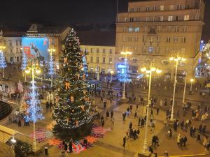 B&B Centar في زغرب: شجرة عيد الميلاد في وسط المدينة في الليل