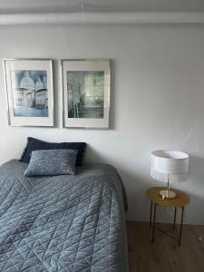 SakskøbingにあるRosenlund Gods - kælder B&Bのベッドルーム1室(ベッド1台付)が備わります。壁に3枚の写真が飾られています。