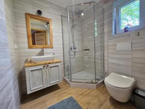 ein Bad mit einer Dusche, einem WC und einem Waschbecken in der Unterkunft Kominkówka in Brenna