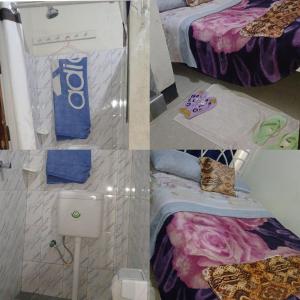 a collage of three pictures of a room with two beds at Emmas' Guest House in Kampala