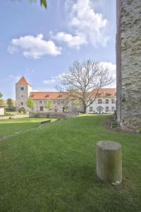 une souche de pierre dans l'herbe devant un bâtiment dans l'établissement Hotel Burg Wanzleben, à Wanzleben