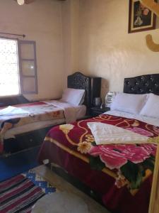 a bedroom with two beds and a window at Riad Bouchra in Tamtetoucht