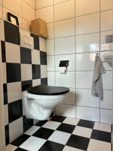 a bathroom with a toilet with a black and white checkered floor at Vakantiehuis Klaartje Kip Enschede tot 4 personen, landelijk gelegen! in Enschede +23 photos