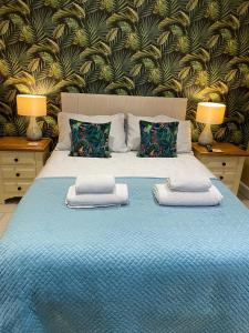 MiltonSuite near City, Science Park & Marshalls and close to Riverside walks的一间卧室，床上有两个枕头