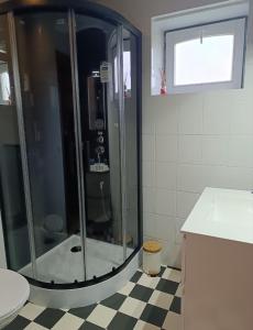 La salle de bains est pourvue d'une douche et d'un sol en damier. dans l'établissement Villazzo, à Gand