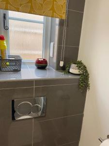 a bathroom counter with a window and a sink at Suite near City, Science Park & Marshalls and close to Riverside walks in Milton