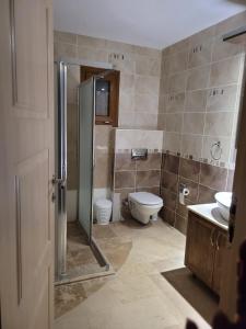 a bathroom with a shower and a toilet and a sink at Terrace Urla in Urla