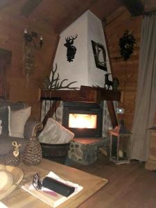 a living room with a fireplace in a cabin at "CHALET dei FIORI" room & apartment in Bedretto