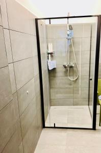 a shower with a glass door in a bathroom at Space Home Apartment - Downtown in Vienna