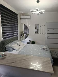 1 dormitorio con 1 cama grande y ventilador de techo en Apartman u centru, en Šid