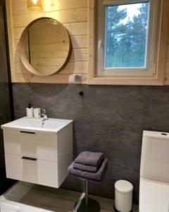 a bathroom with a sink and a mirror and a toilet at Między Wodami - domki na Mazurach in Zełwągi
