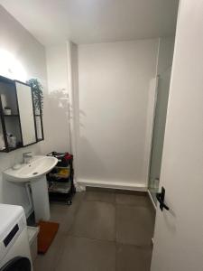 Un baño blanco con lavabo y ducha. en BizFinding Paris, en Montrouge