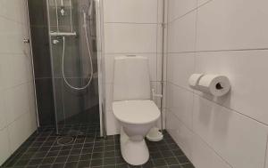 a bathroom with a white toilet and a shower at Hotel Linnasmäki in Turku