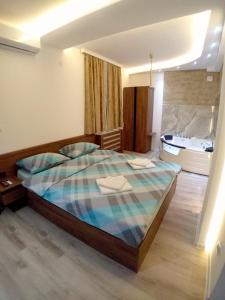 um quarto com uma cama grande e uma banheira em Aqua Apartments 2 em Jagodina