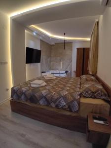 um quarto com uma cama grande e uma televisão em Aqua Apartments 2 em Jagodina
