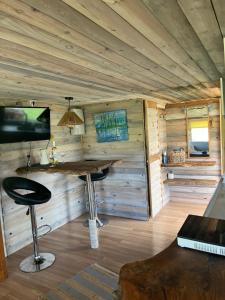 a log cabin with a table and a television in it at Radaczowa Chatka 