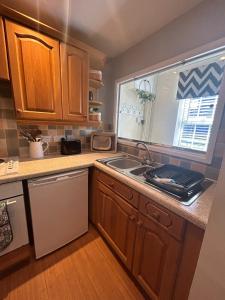 a kitchen with wooden cabinets and a sink and a window at Turnstone in Seaton