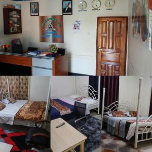 two pictures of a room with two beds and a desk at Emmas' Guest House in Kampala