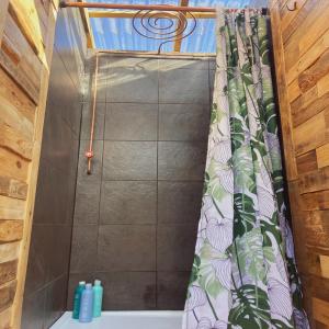 a bathroom with a shower with a shower curtain at Foxglove Field Glamping in Perranuthnoe