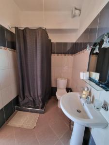 y baño con ducha, lavabo y aseo. en Let Rooms Lukova, en Lukovë